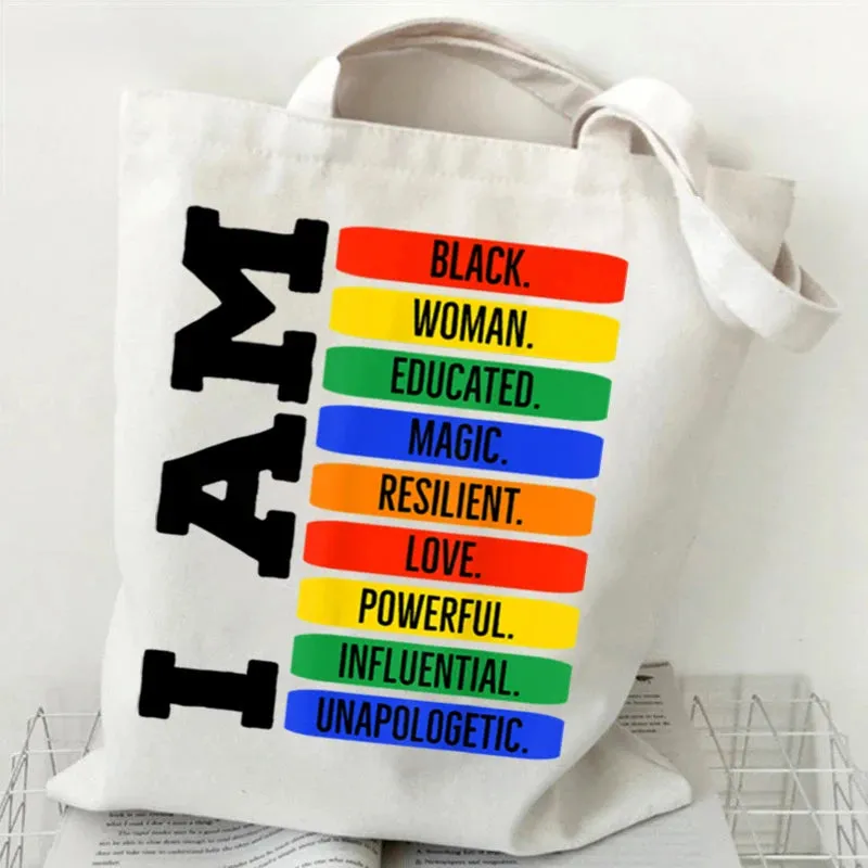Stylish Canvas Juneteenth Tote Bags for Women - Harajuku-Inspired Handbag, White & Black