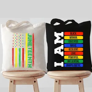 Stylish Canvas Juneteenth Tote Bags for Women - Harajuku-Inspired Handbag, White & Black