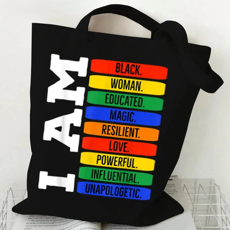 Stylish Canvas Juneteenth Tote Bags for Women - Harajuku-Inspired Handbag, White & Black
