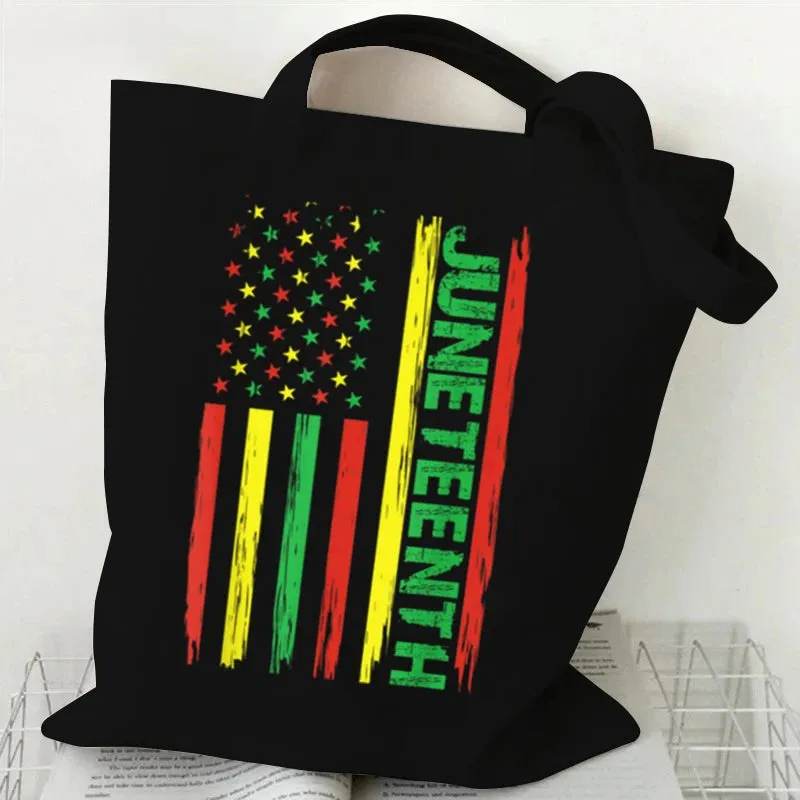 Stylish Canvas Juneteenth Tote Bags for Women - Harajuku-Inspired Handbag, White & Black