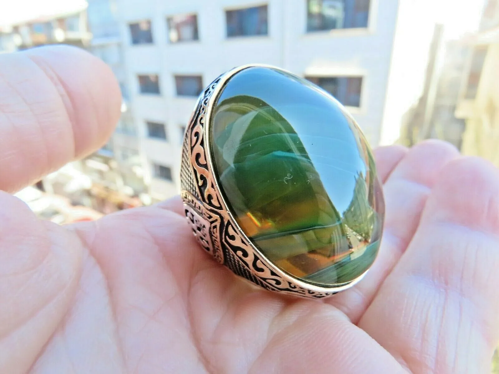 Turkish Handmade Jewelry 925 Sterling Silver Amber Stone Mens Rings