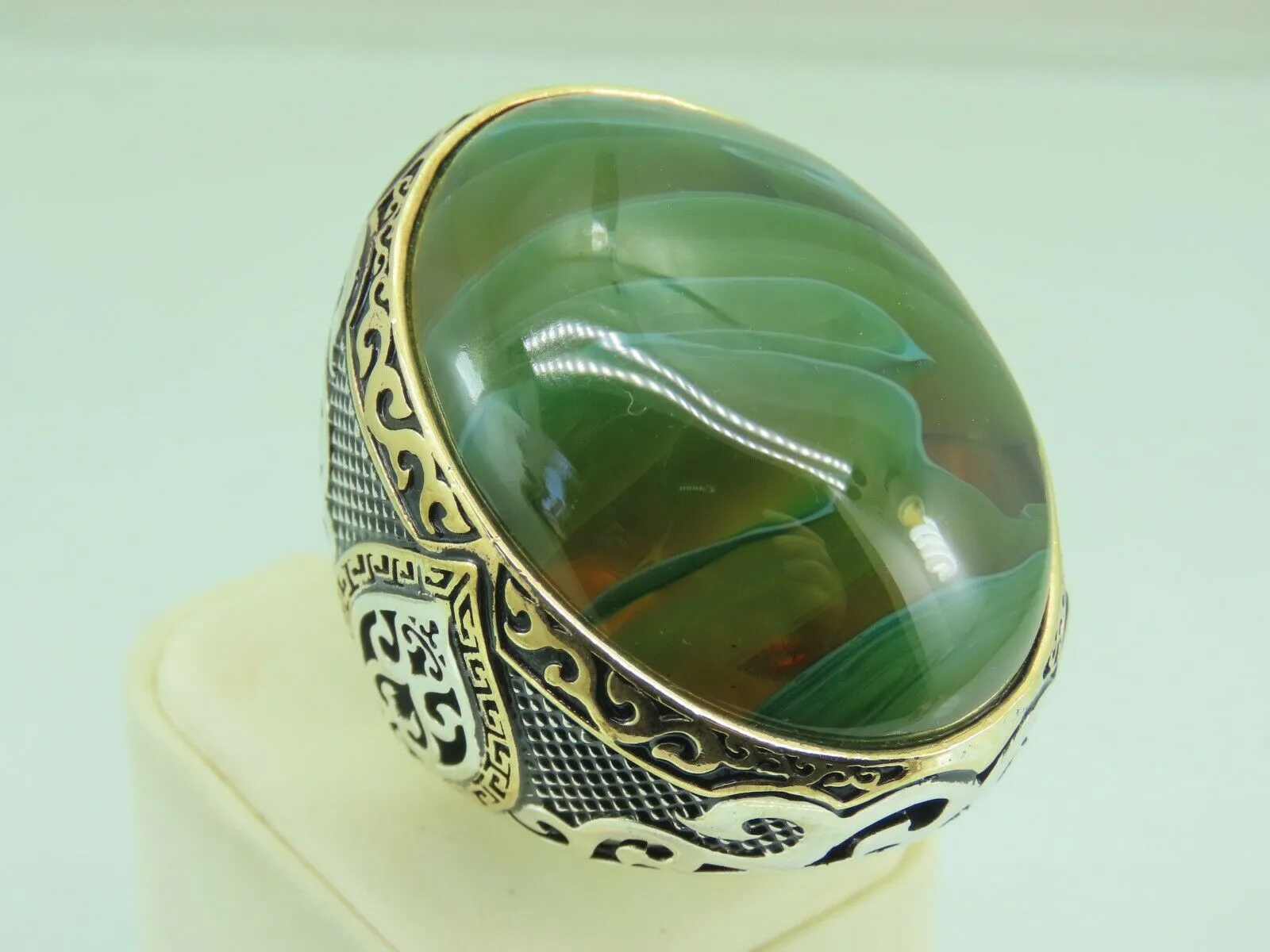Turkish Handmade Jewelry 925 Sterling Silver Amber Stone Mens Rings