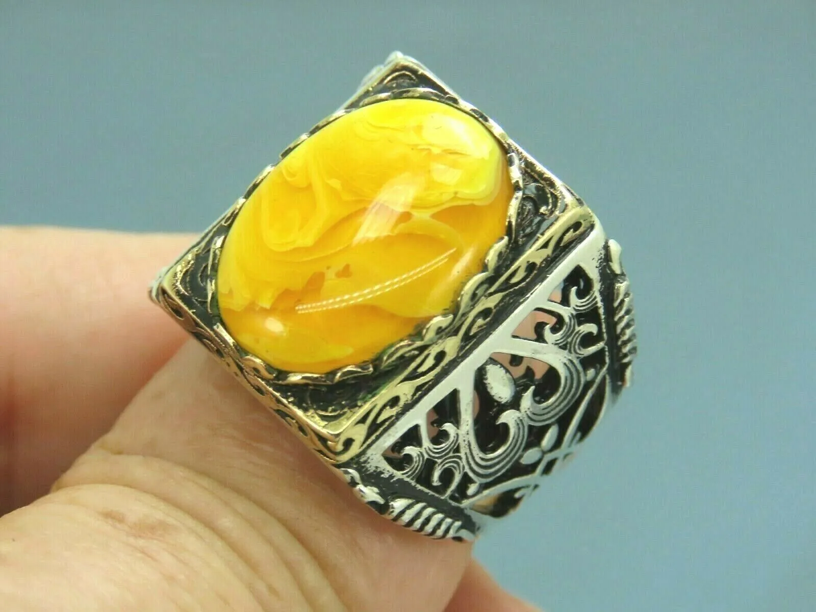 Turkish Handmade Jewelry 925 Sterling Silver Amber Stone Mens Rings