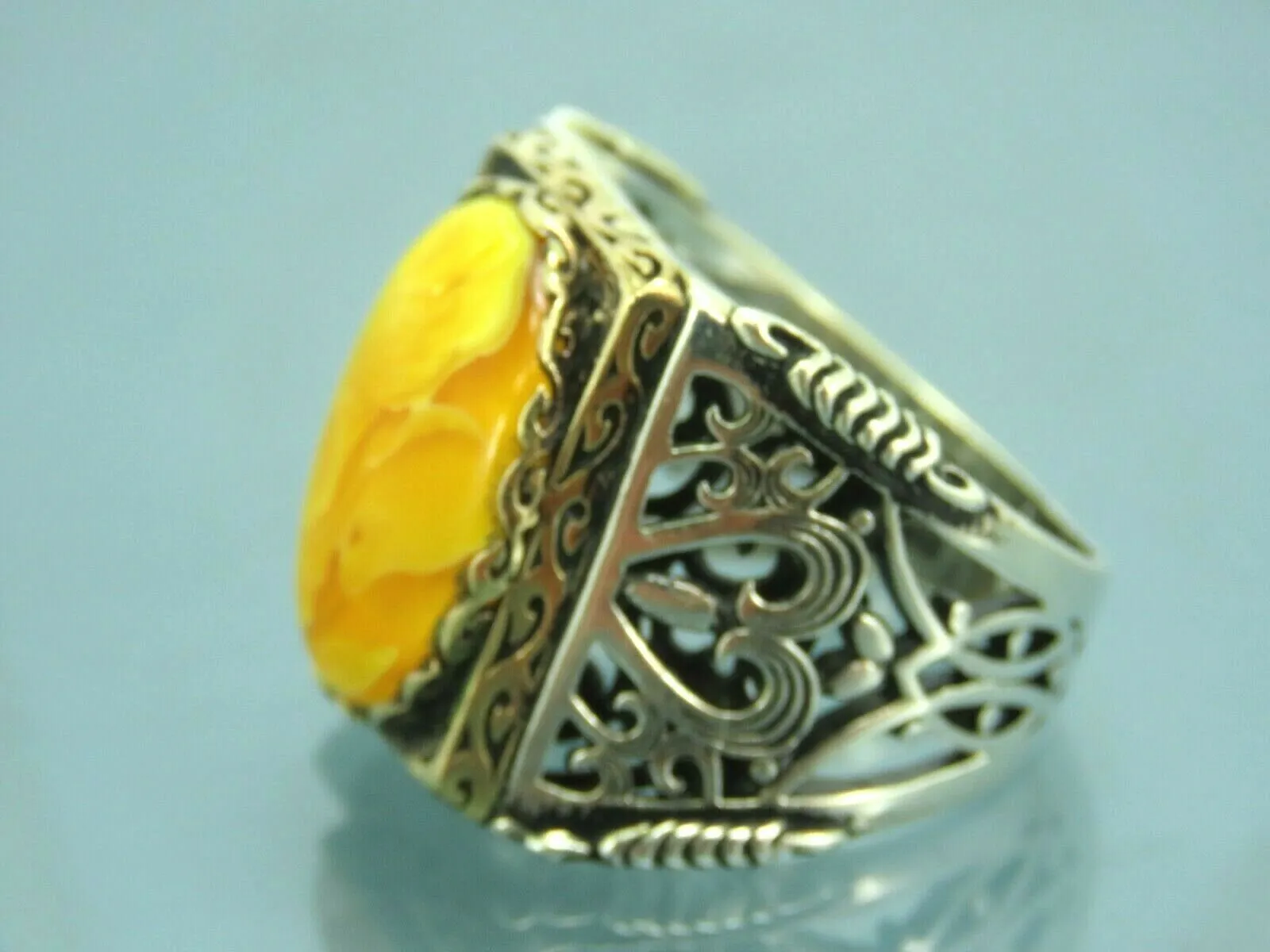 Turkish Handmade Jewelry 925 Sterling Silver Amber Stone Mens Rings