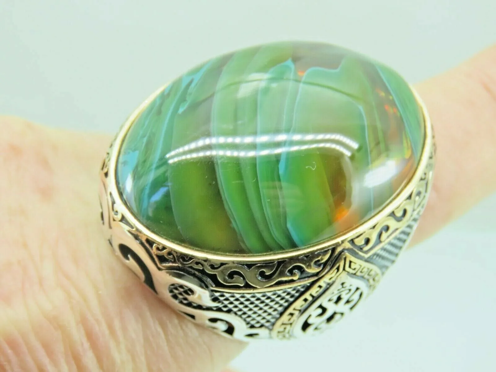 Turkish Handmade Jewelry 925 Sterling Silver Amber Stone Mens Rings