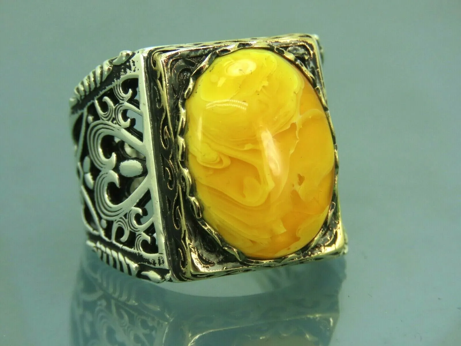 Turkish Handmade Jewelry 925 Sterling Silver Amber Stone Mens Rings