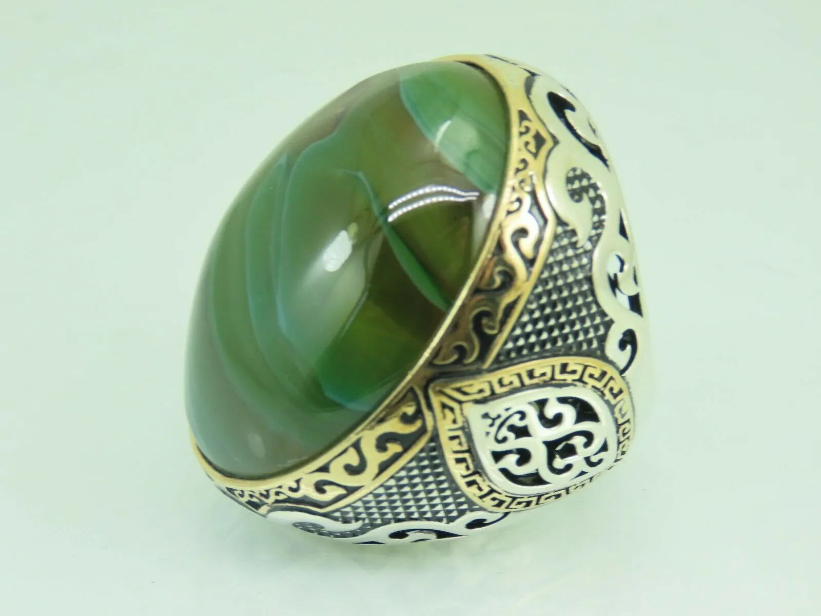 Turkish Handmade Jewelry 925 Sterling Silver Amber Stone Mens Rings