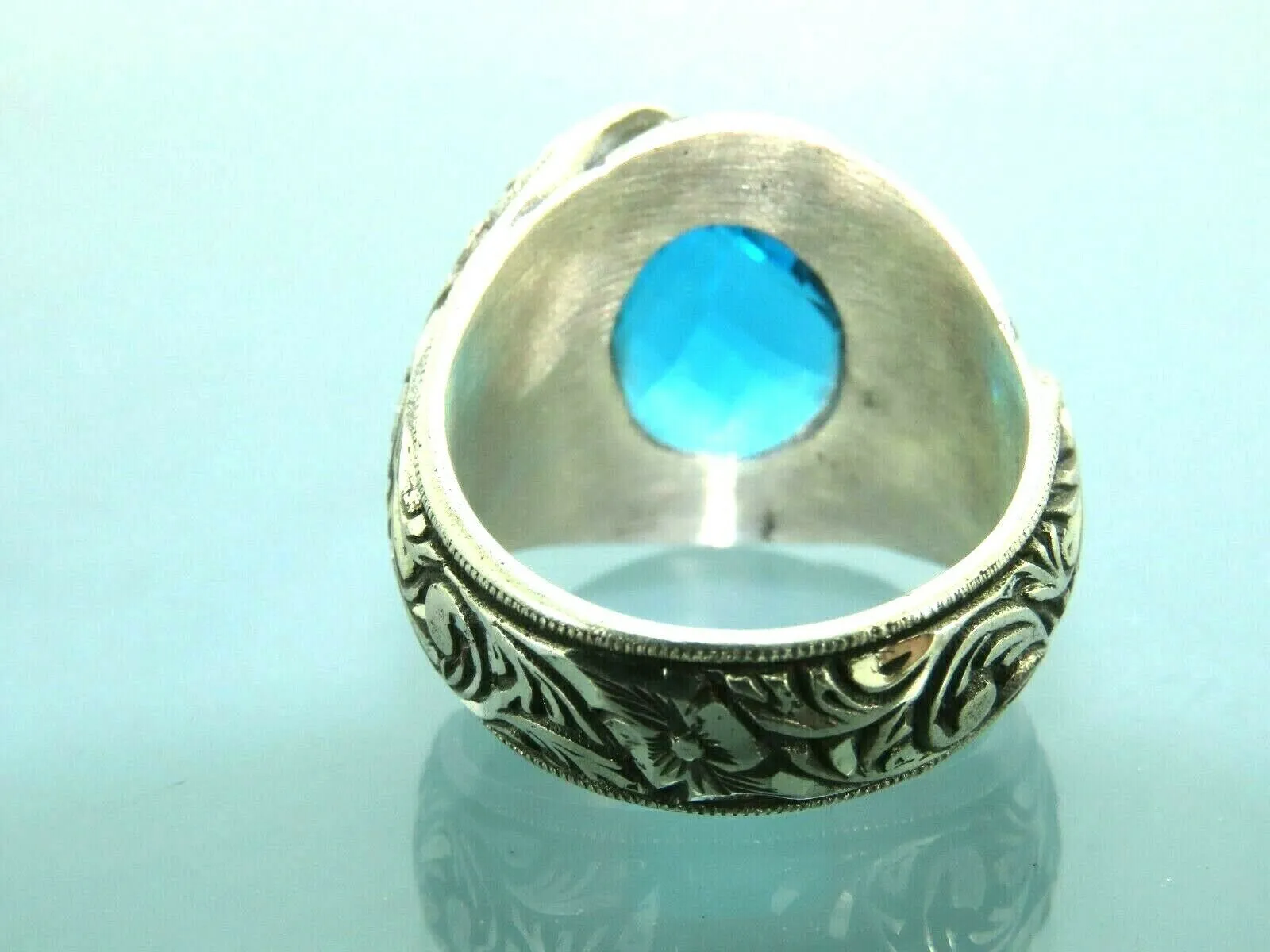 Turkish Handmade Jewelry 925 Sterling Silver Aquamarine Stone Engraved Mens Rings