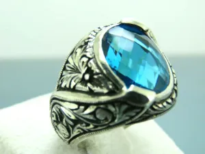 Turkish Handmade Jewelry 925 Sterling Silver Aquamarine Stone Engraved Mens Rings