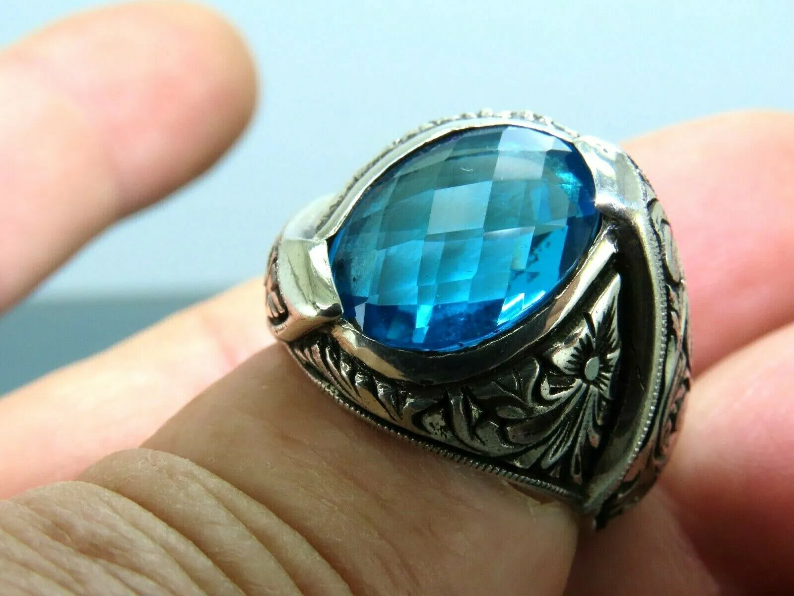 Turkish Handmade Jewelry 925 Sterling Silver Aquamarine Stone Engraved Mens Rings