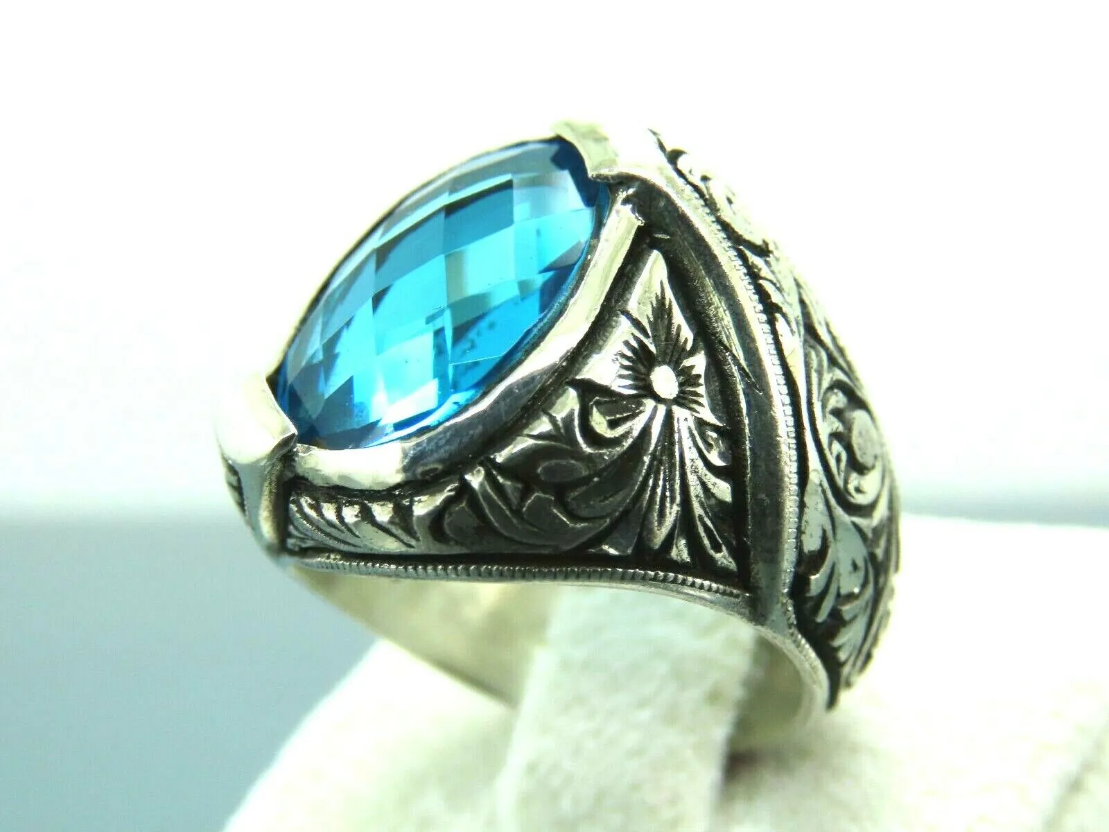Turkish Handmade Jewelry 925 Sterling Silver Aquamarine Stone Engraved Mens Rings