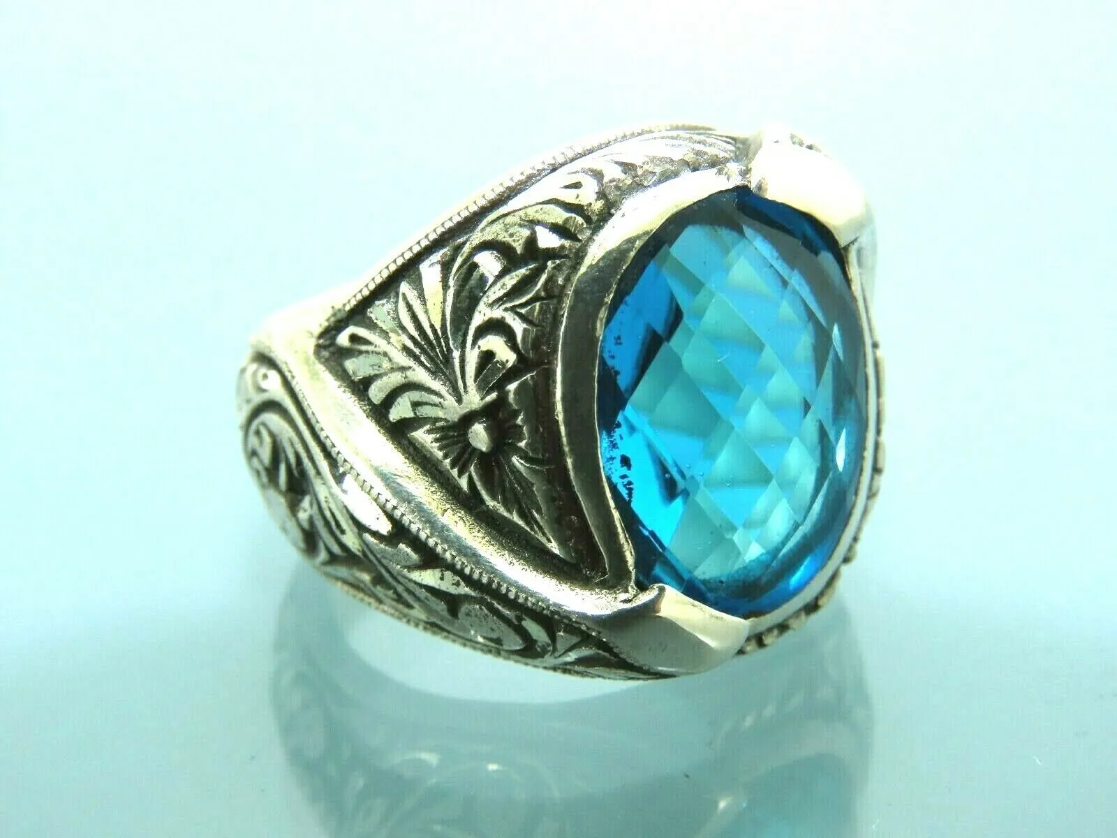 Turkish Handmade Jewelry 925 Sterling Silver Aquamarine Stone Engraved Mens Rings