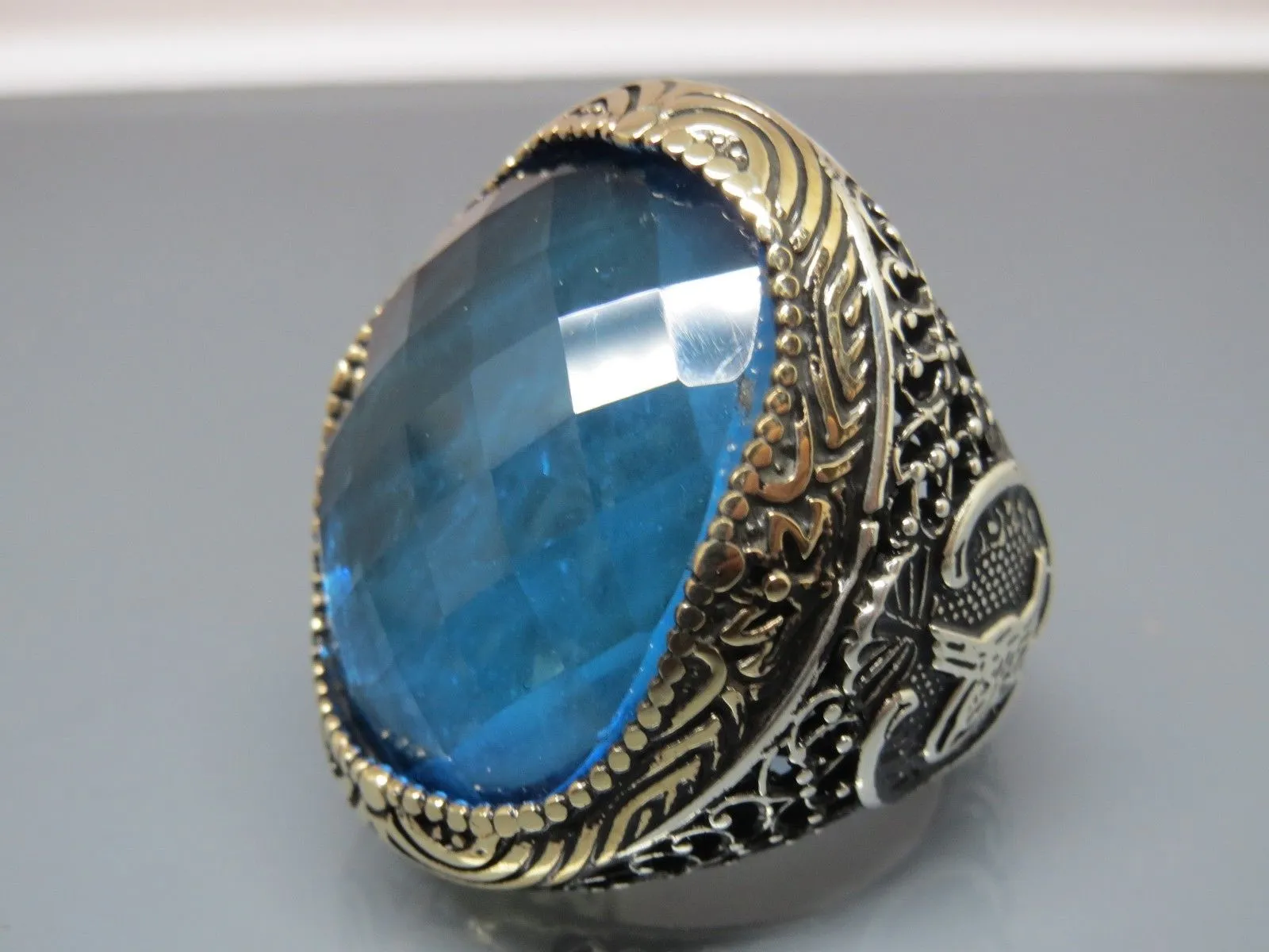 Turkish Handmade Jewelry 925 Sterling Silver Aquamarine Stone Mens Rings