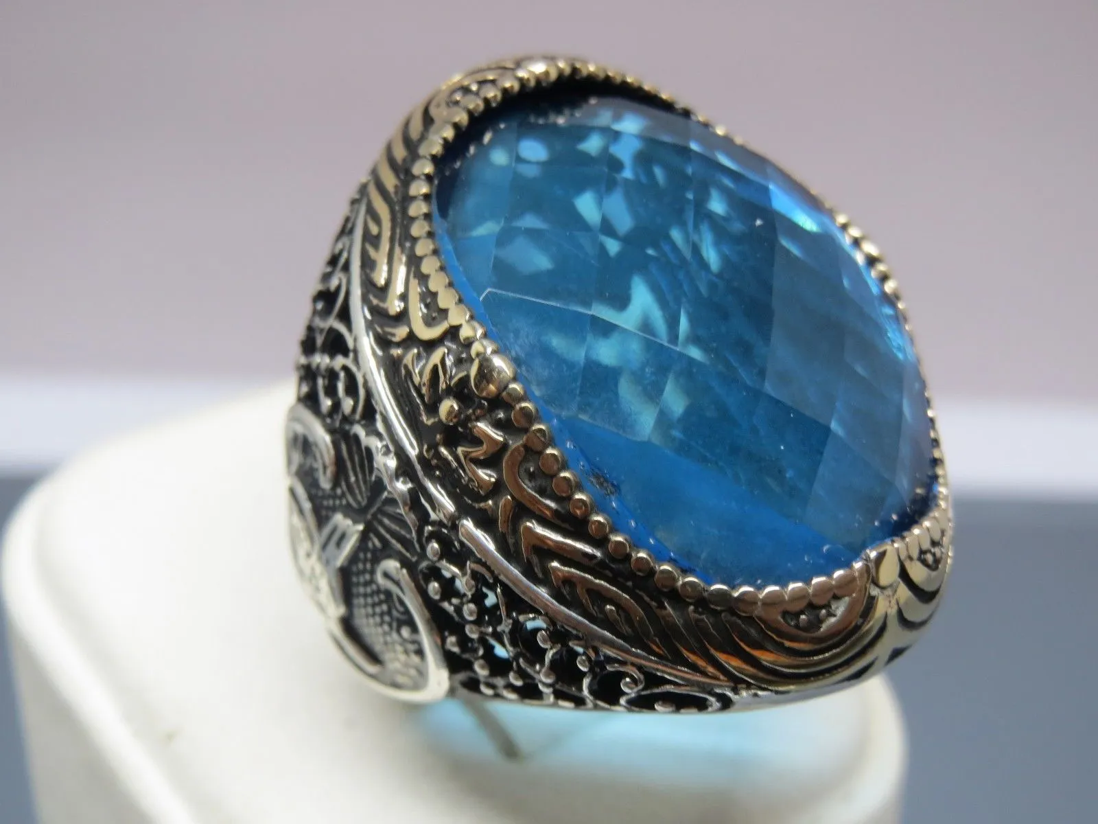 Turkish Handmade Jewelry 925 Sterling Silver Aquamarine Stone Mens Rings
