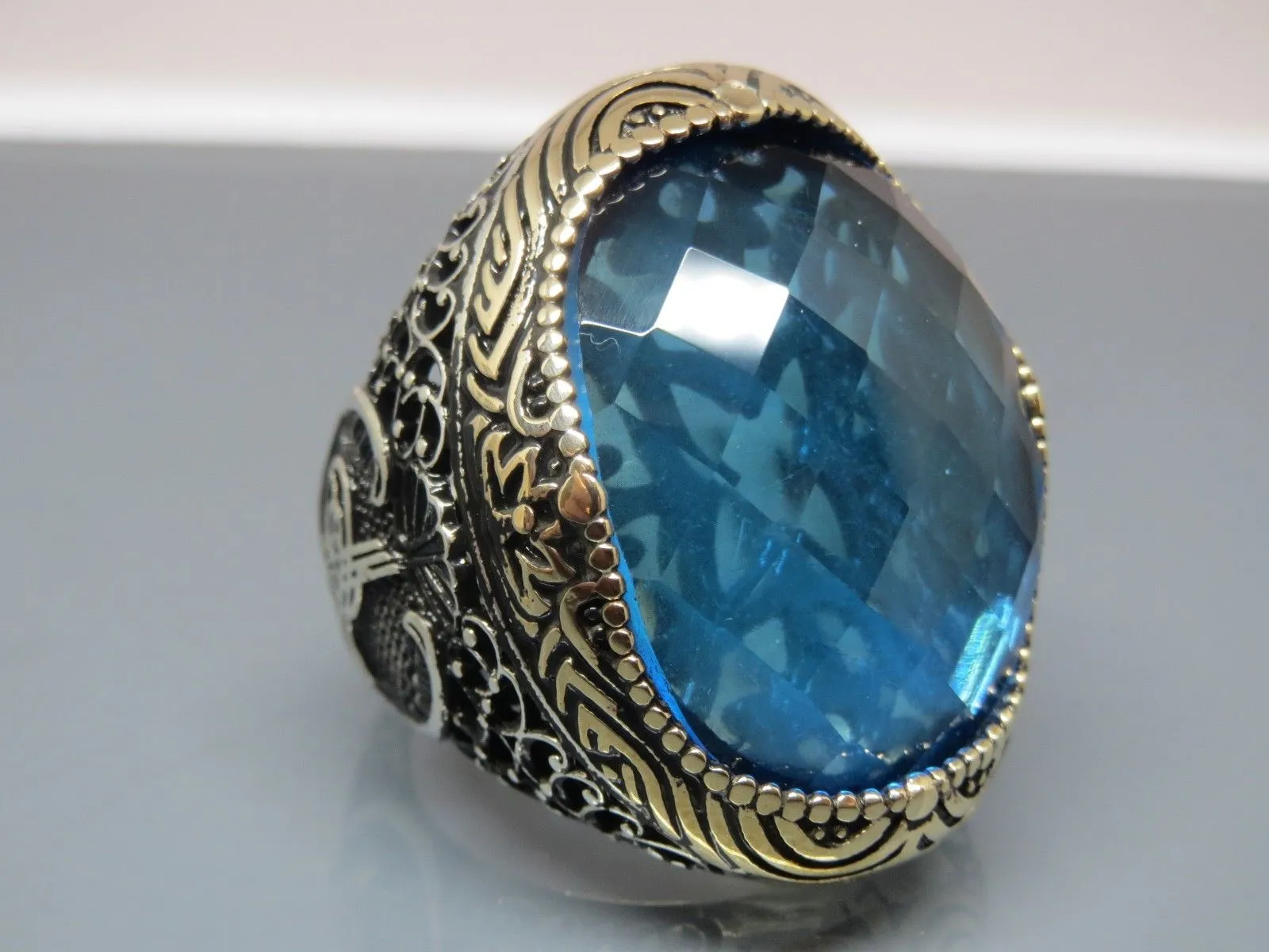 Turkish Handmade Jewelry 925 Sterling Silver Aquamarine Stone Mens Rings