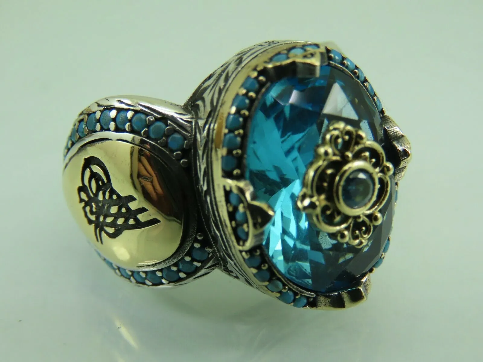 Turkish Handmade Jewelry 925 Sterling Silver Aquamarine Stone Men's Rings