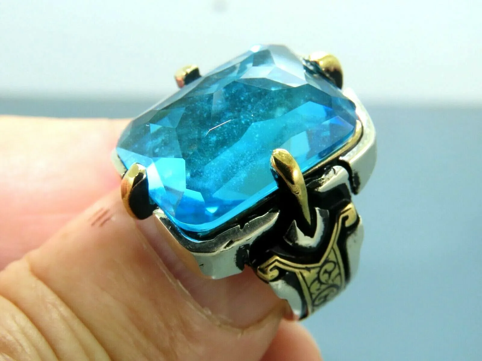 Turkish Handmade Jewelry 925 Sterling Silver Aquamarine Stone Mens Rings