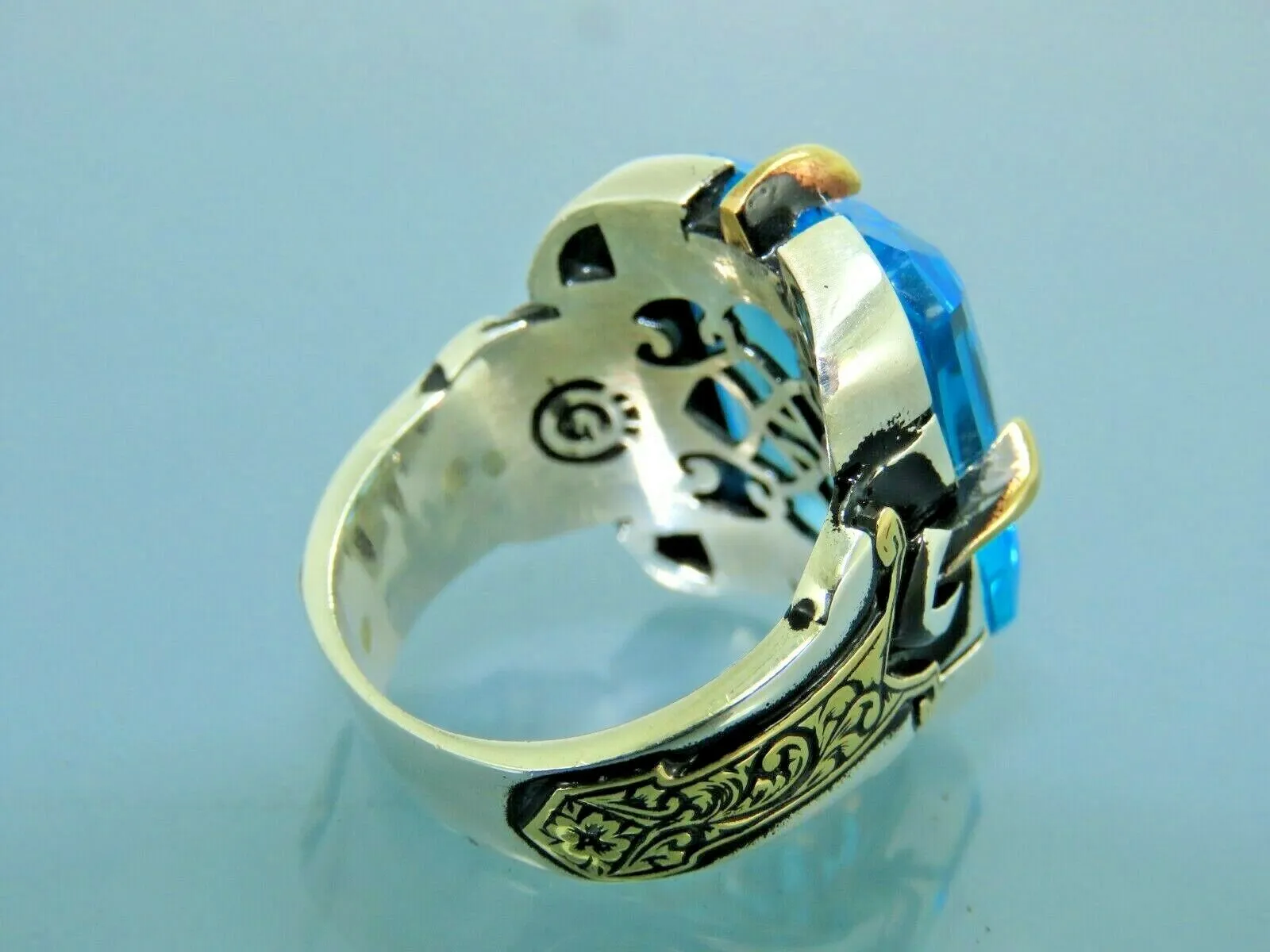 Turkish Handmade Jewelry 925 Sterling Silver Aquamarine Stone Mens Rings