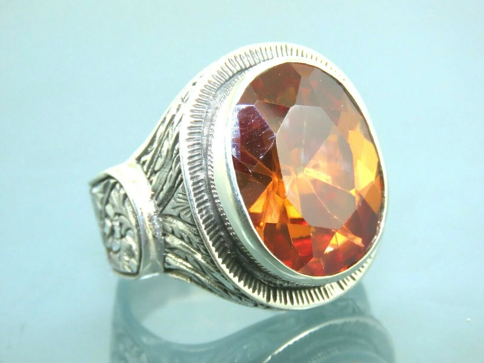 Turkish Handmade Jewelry 925 Sterling Silver Quartz Stone Engraved Mens Rings