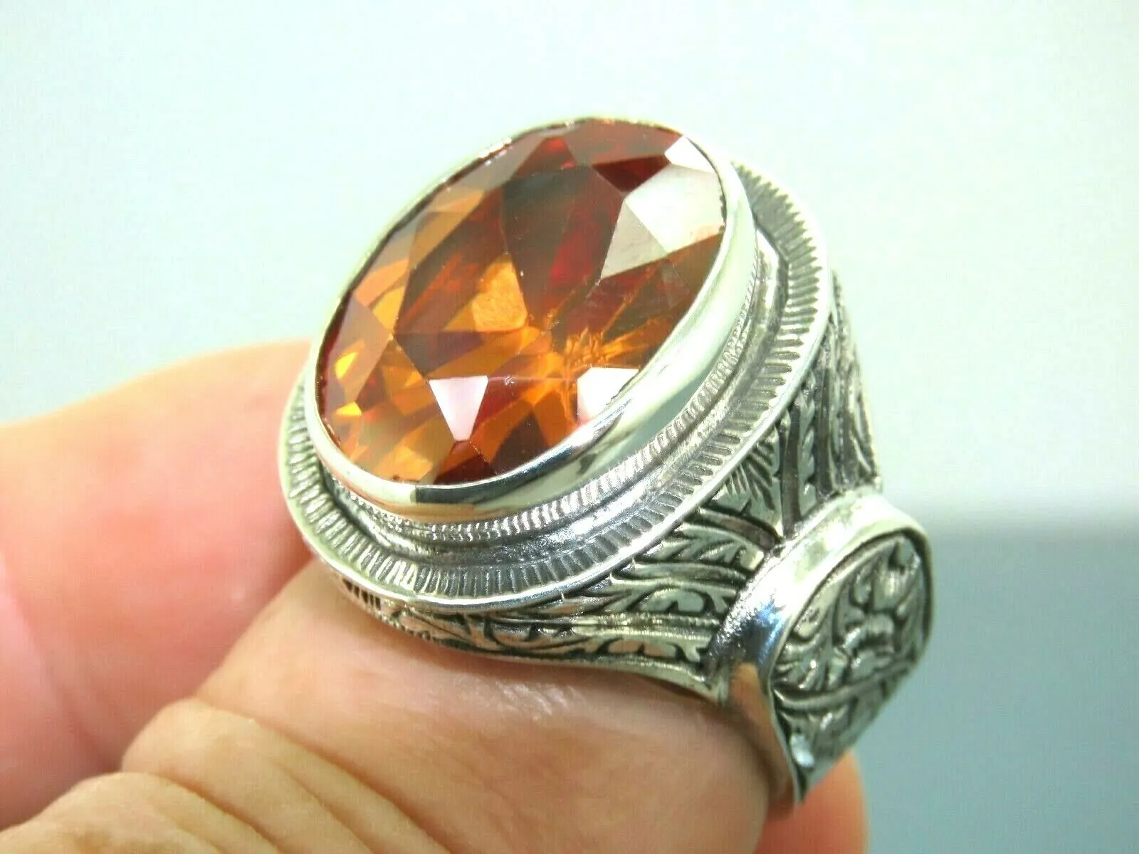 Turkish Handmade Jewelry 925 Sterling Silver Quartz Stone Engraved Mens Rings