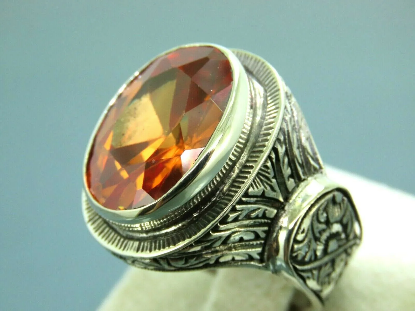 Turkish Handmade Jewelry 925 Sterling Silver Quartz Stone Engraved Mens Rings