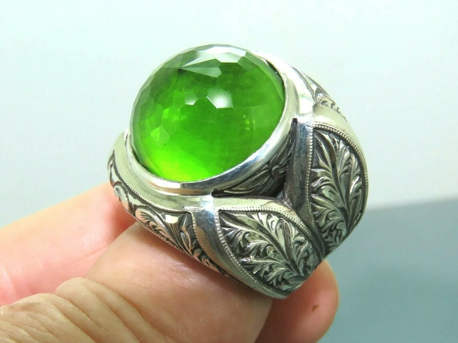 Turkish Handmade Jewelry 925 Sterling Silver Quartz Stone Engraved Mens Rings
