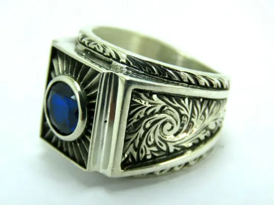 Turkish Handmade Jewelry 925 Sterling Silver Sapphire Stone Men's Rings