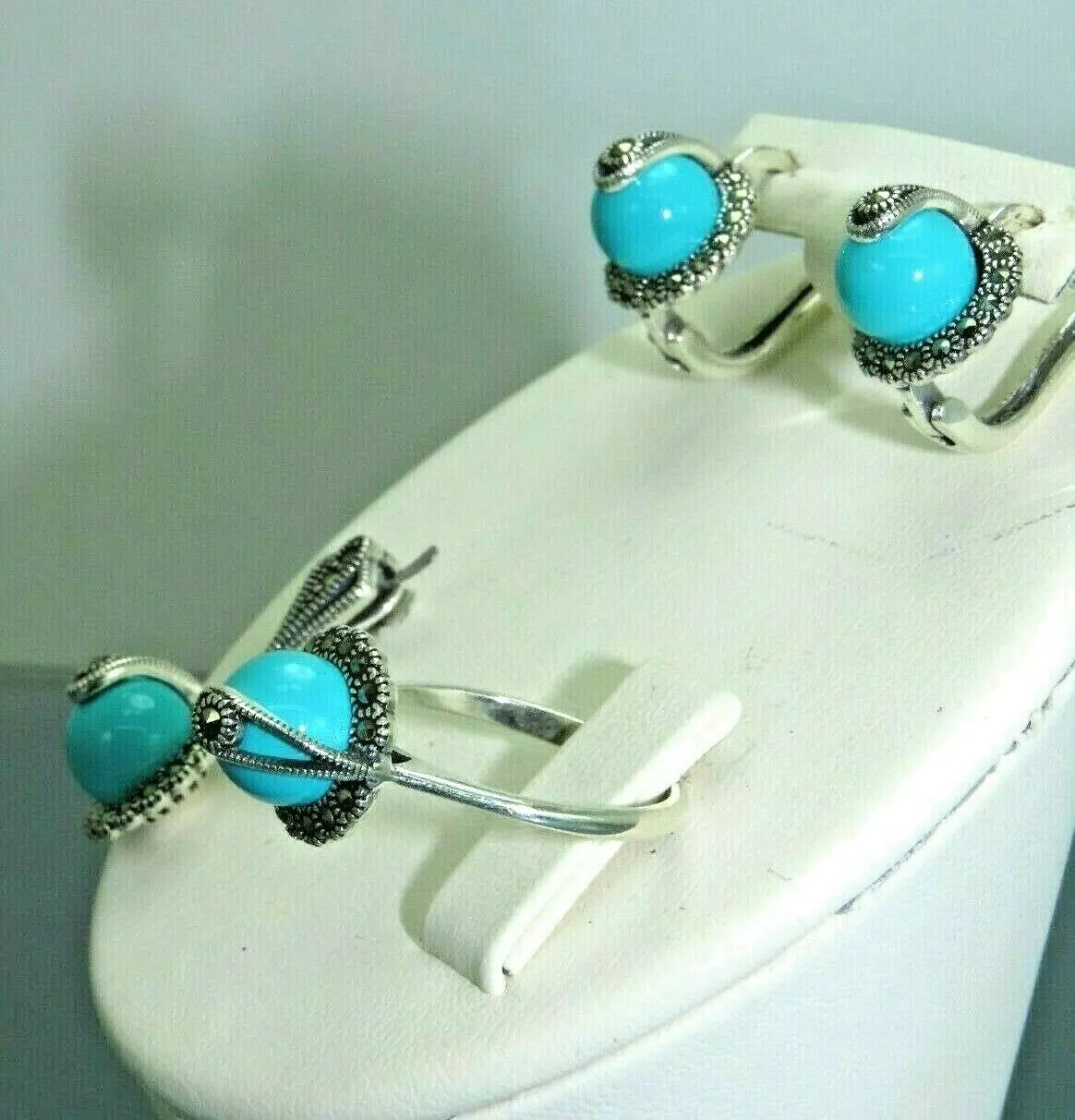 Turkish Handmade Jewelry 925 Sterling Silver Turquoise Stone Women's Earrings, Pendant & Ring Jewelry Set