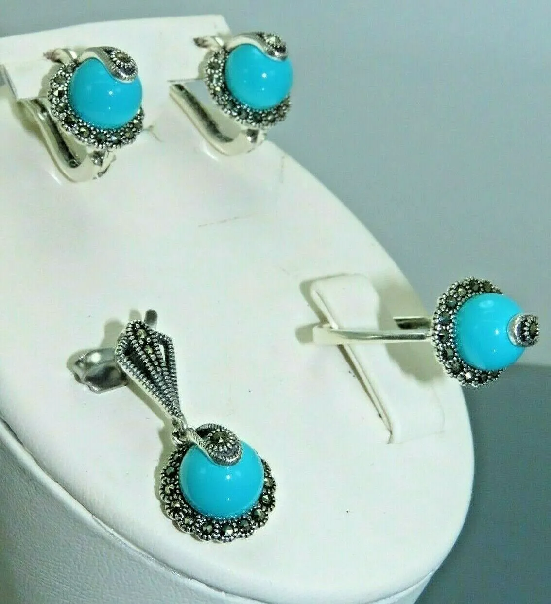 Turkish Handmade Jewelry 925 Sterling Silver Turquoise Stone Women's Earrings, Pendant & Ring Jewelry Set