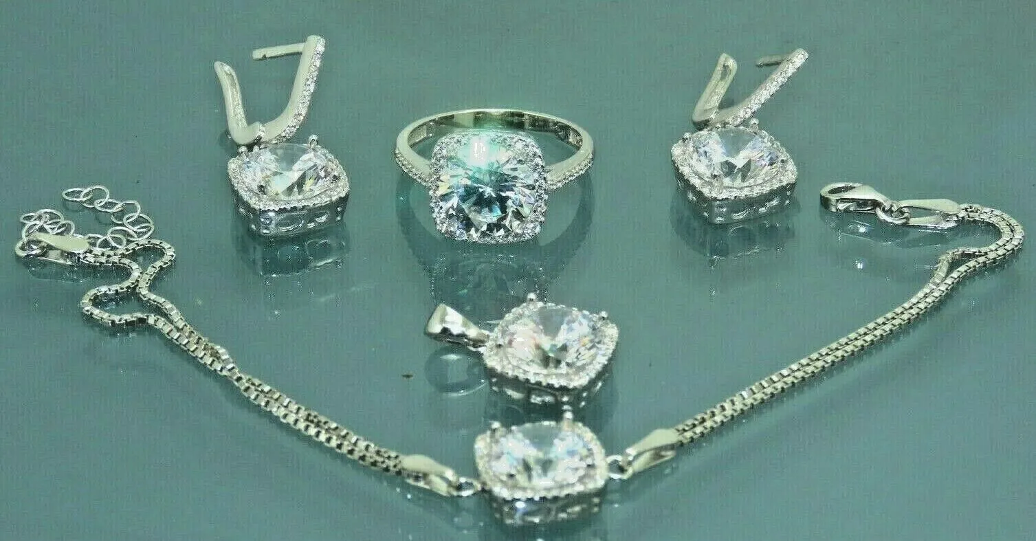 Turkish Handmade Jewelry 925 Sterling Silver Zircon Stone Women's Necklace, Earring, Bracelet & Ring Jewelry Set