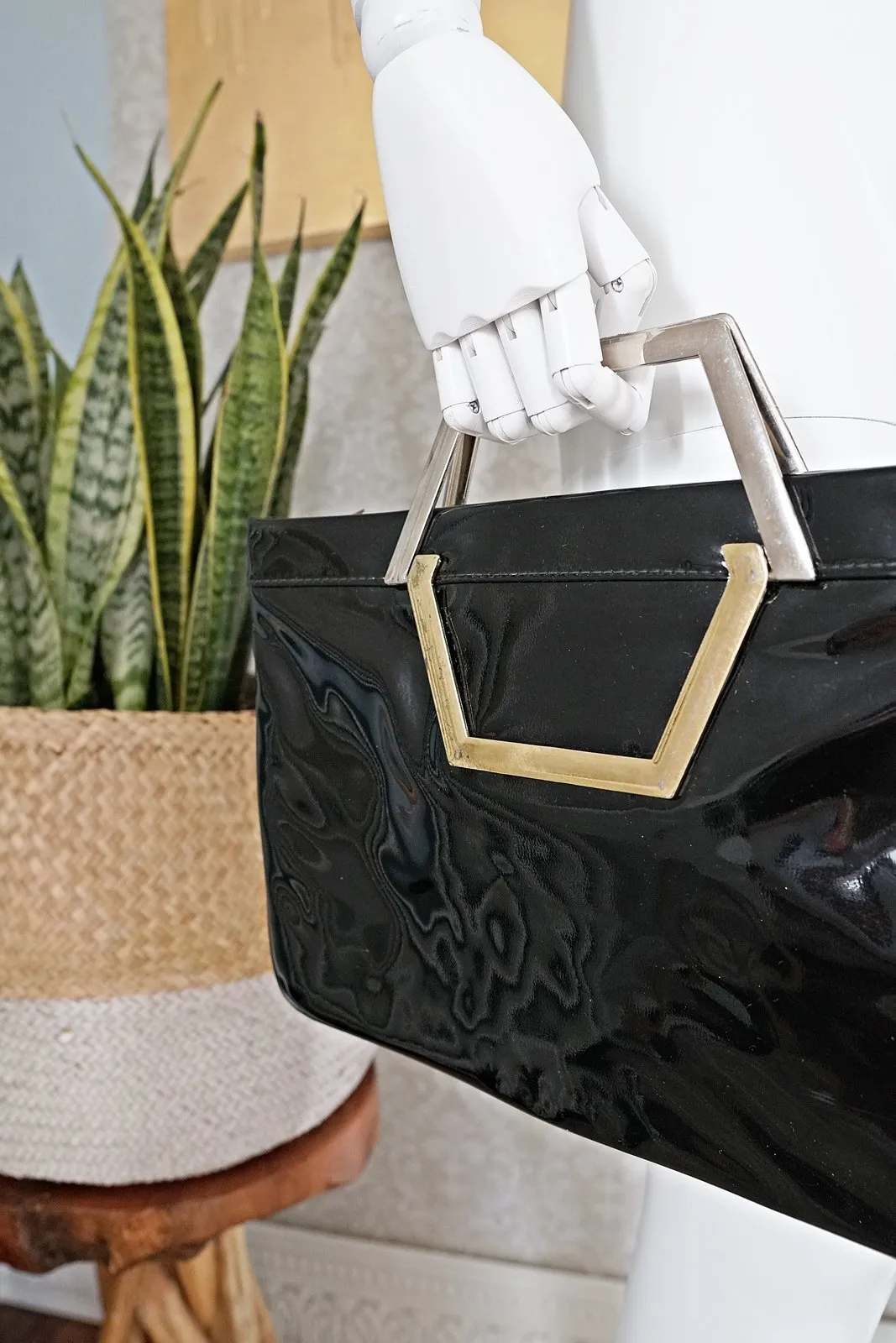 Vintage Minimalist  Black Patent Bag