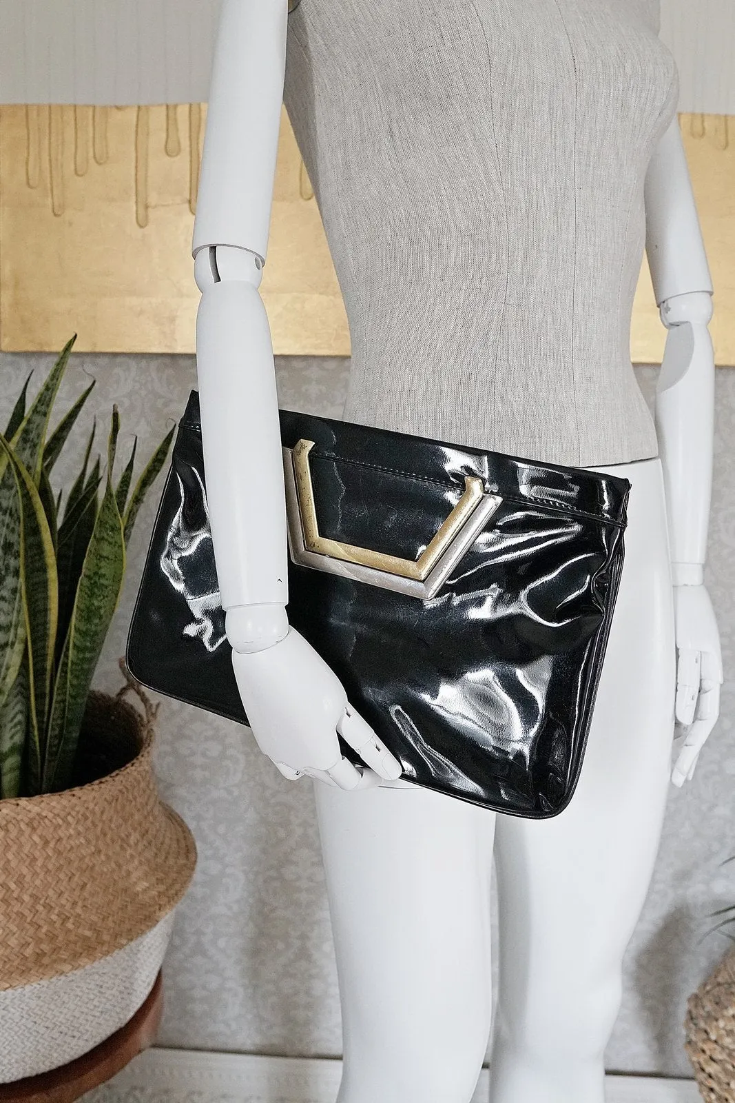 Vintage Minimalist  Black Patent Bag