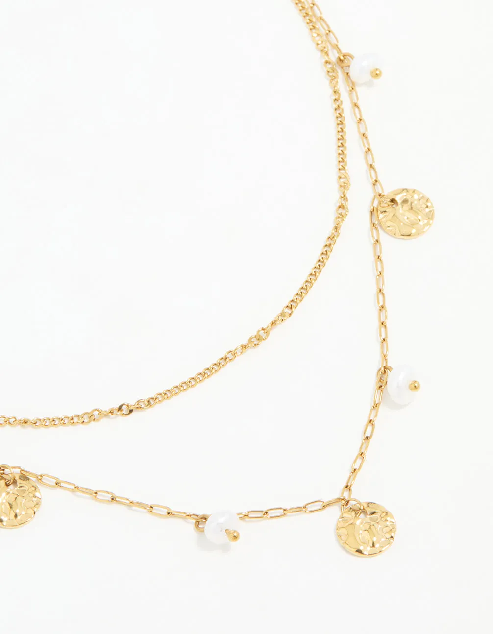 Waterproof Gold Plated Stainless Steel Pearl & Coin Layered Necklace