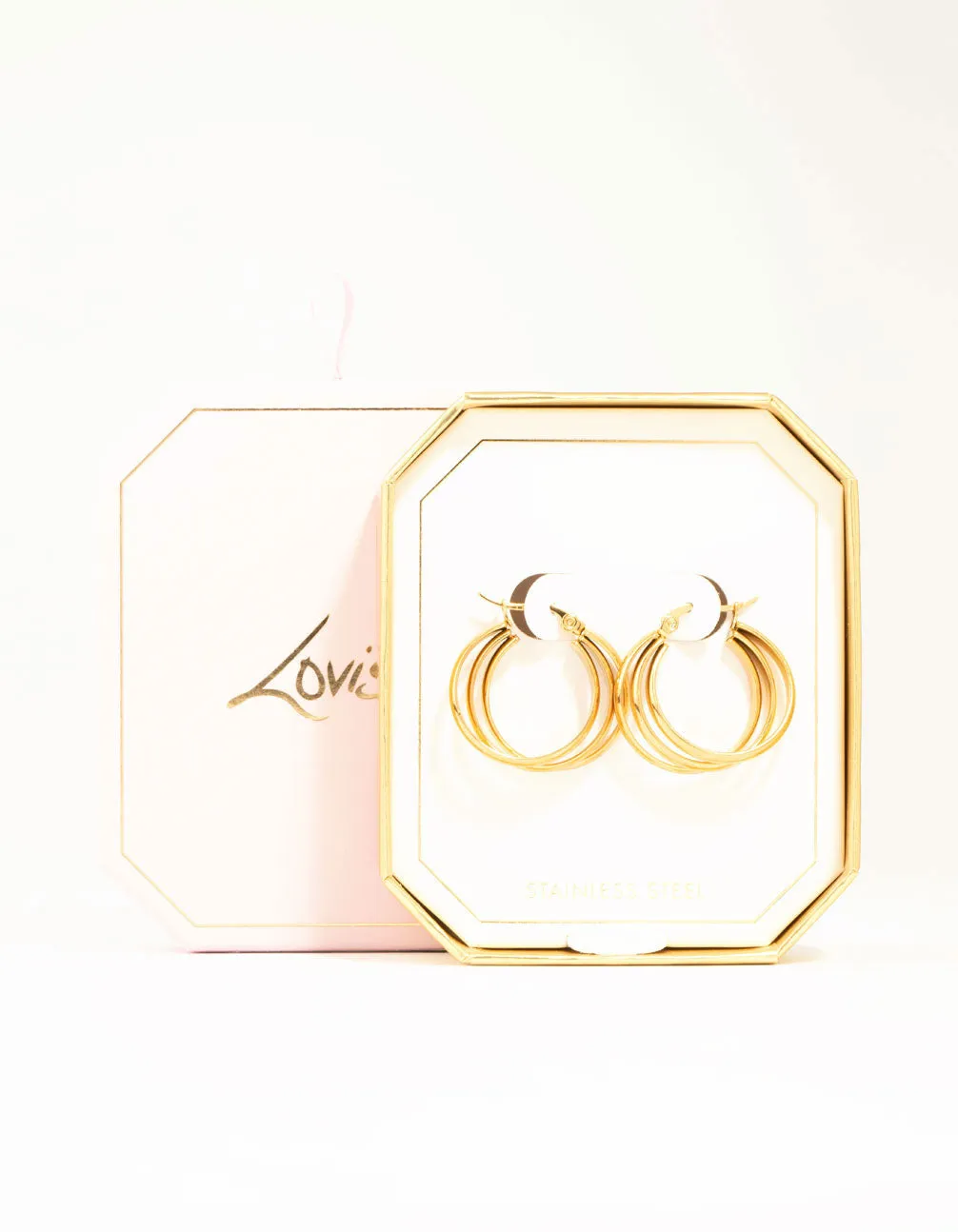 Waterproof Gold Plated Stainless Steel Triple Imitation Hoop Earrings