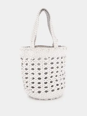 White Handwoven Leather Bucket Bag