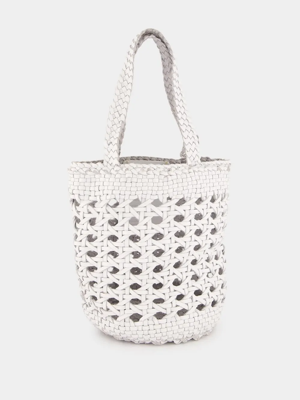 White Handwoven Leather Bucket Bag