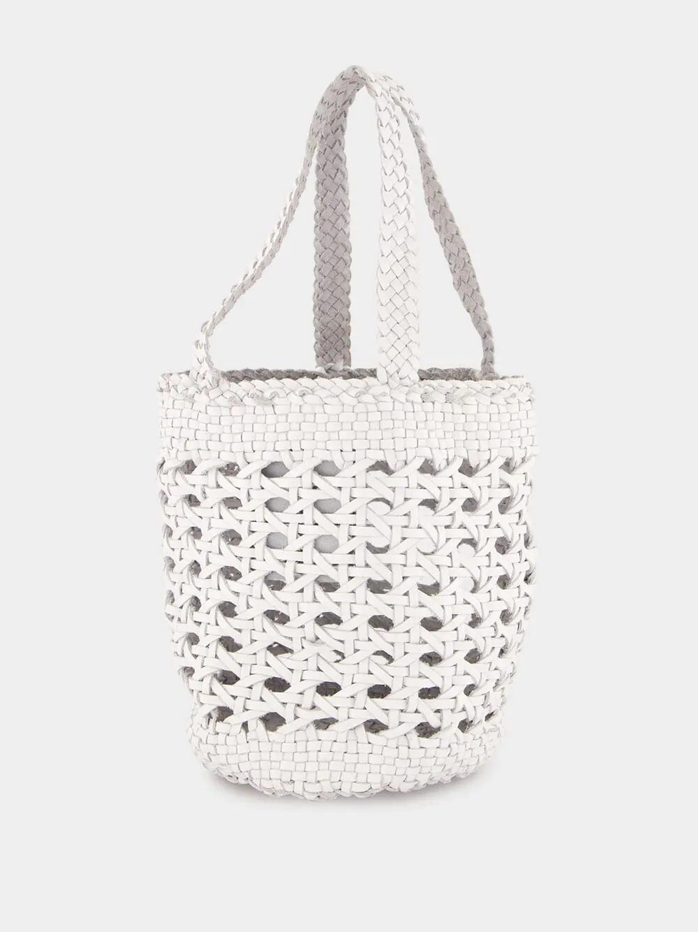 White Handwoven Leather Bucket Bag