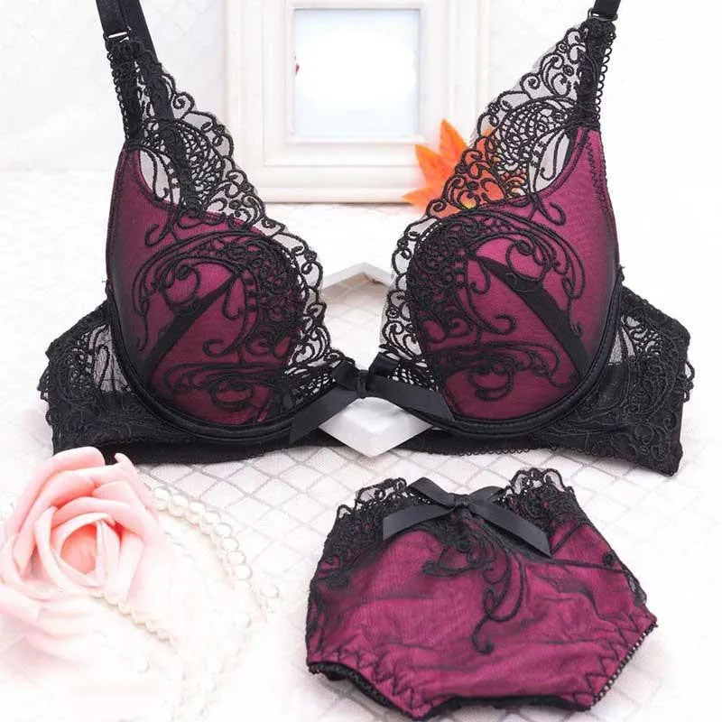 Women Push Up Bra Set V -Neck Plunge Lace Bra   Briefs Lace Bra Lingerie Bra