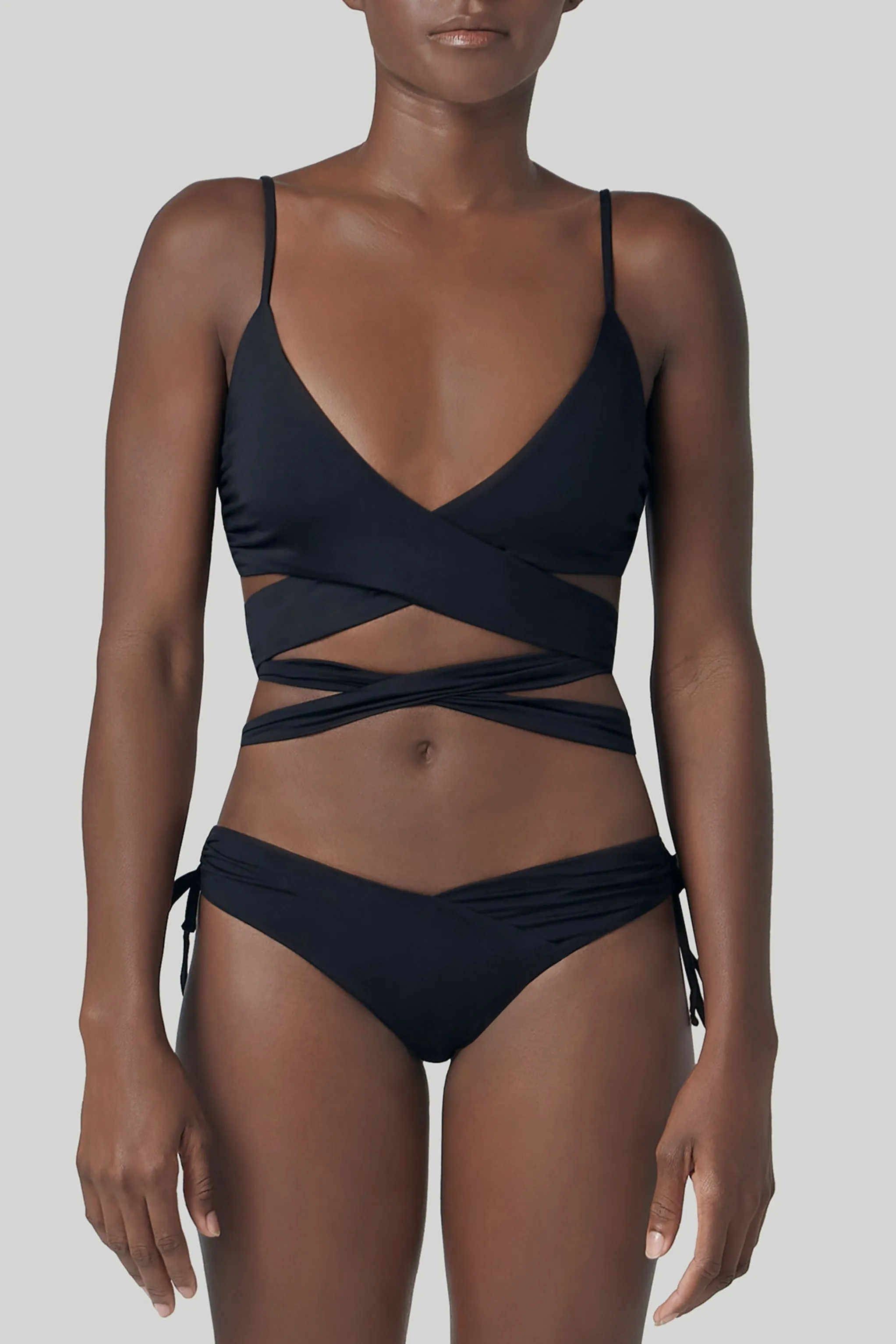 Wrap Bikini top V neckline with low rise bottom.