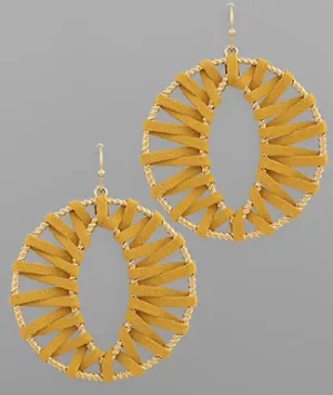 Wrapped Leather Open Round Earrings in Mustard